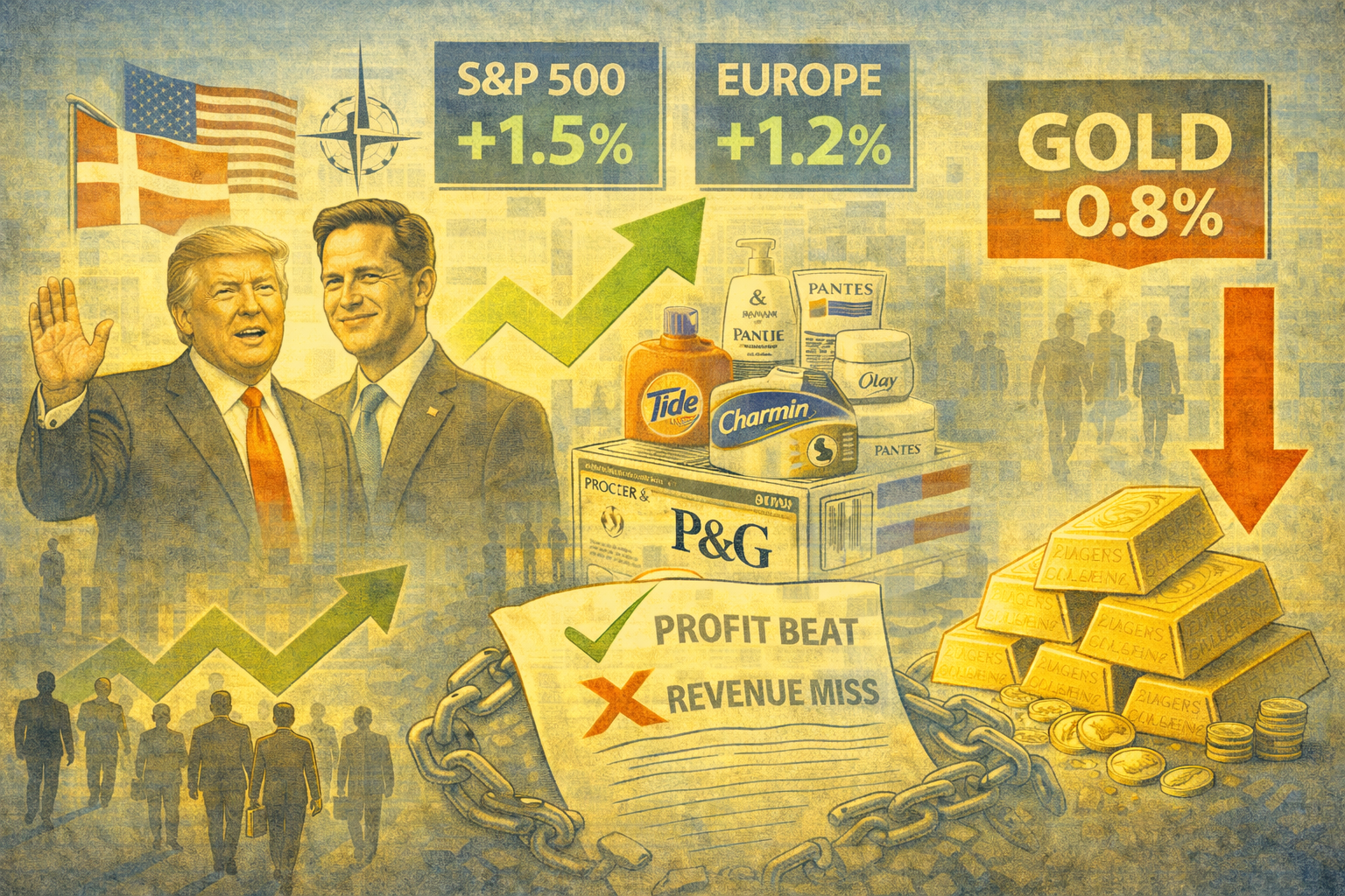 Markets rally as Trump drops Greenland tariff threat; P&G misses revenue, gold slips from highs, US spending stays resilient.