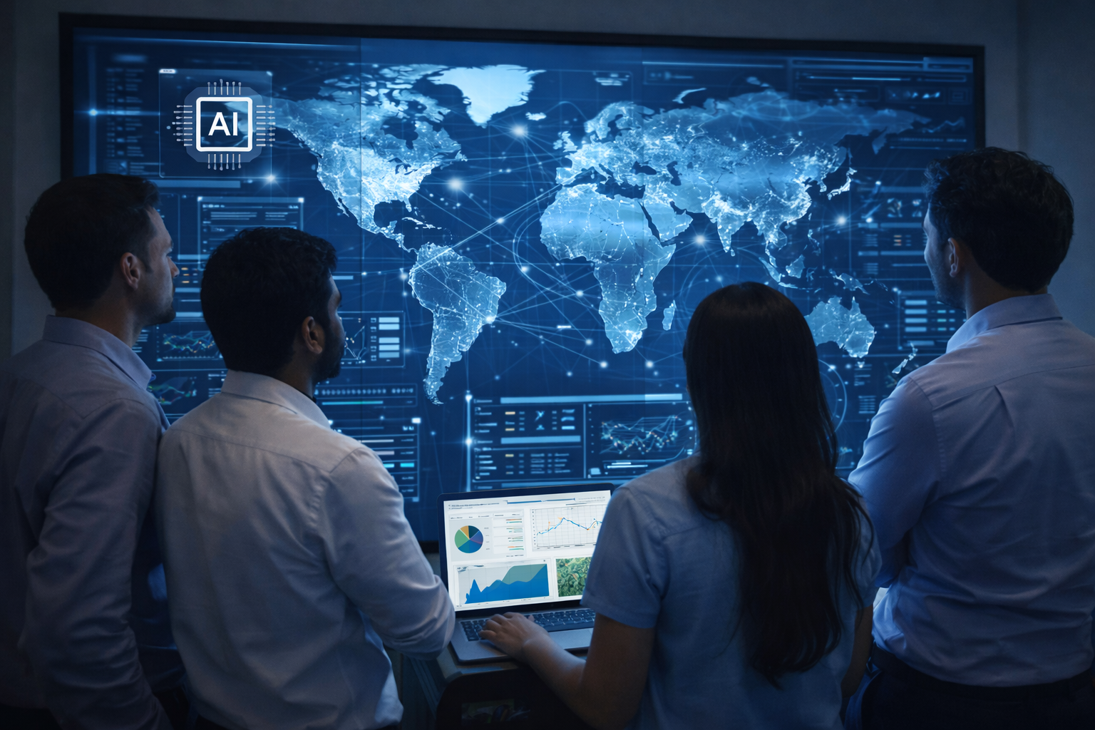 Professionals reviewing a large digital world map and analytics dashboard showing AI network connections and data metrics.