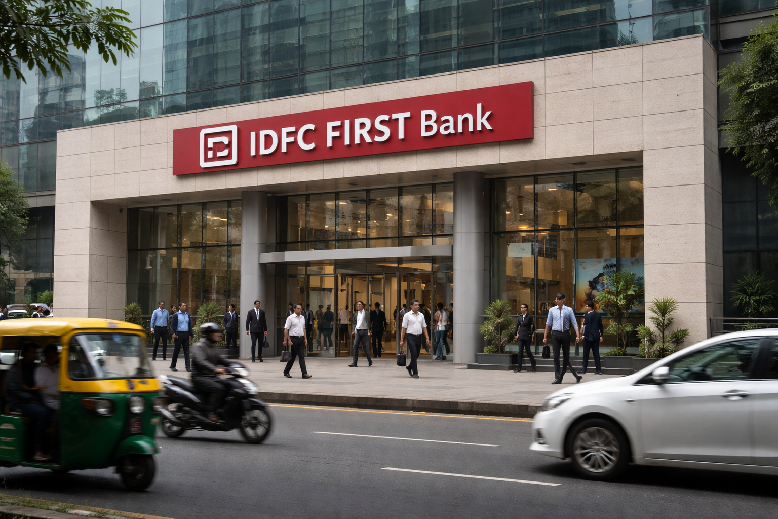 People walk outside an IDFC First Bank branch as traffic passes on a city street.