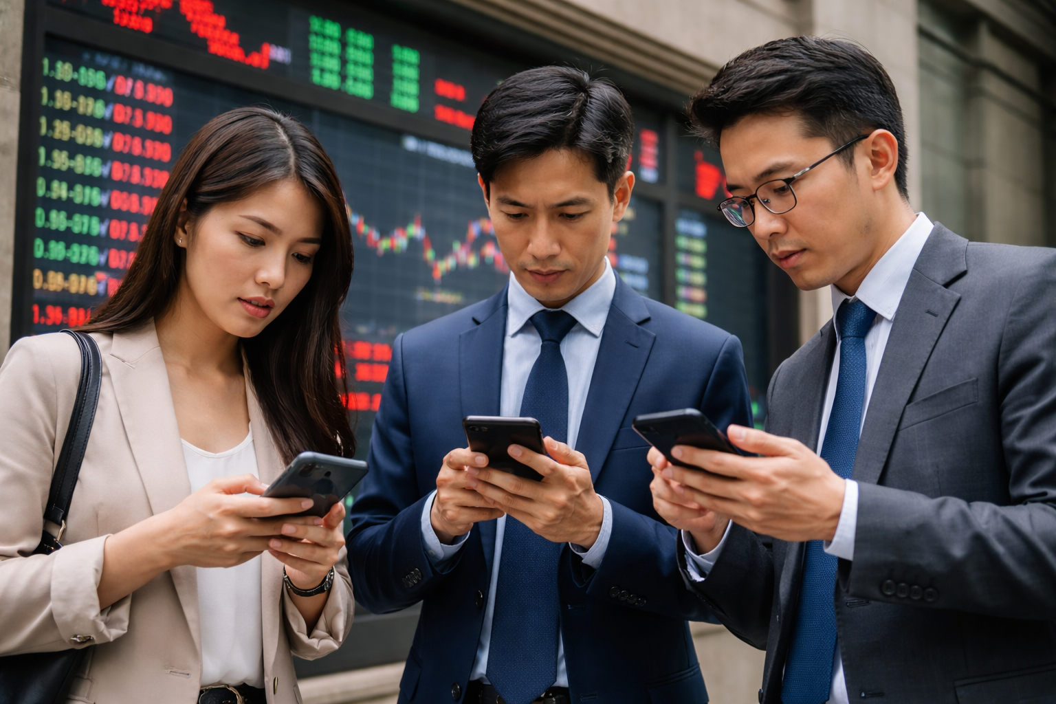Three investors standing in front of a digital stock market board checking prices on their smartphones.