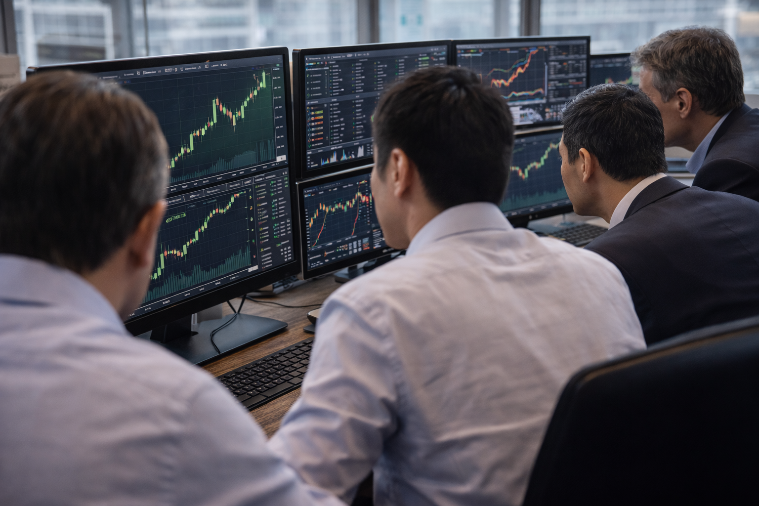 Investors seated at desks inside a trading office closely watch multiple stock market charts on large computer monitors.